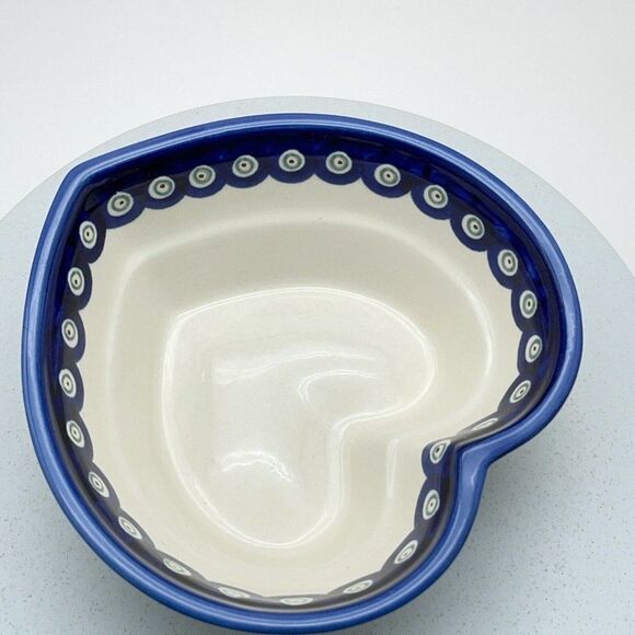 Boleslawiec Pottery Heart Shaped Bowl 6" Peacock Eye Flowers Dish Made in Poland - Picture 5 of 15
